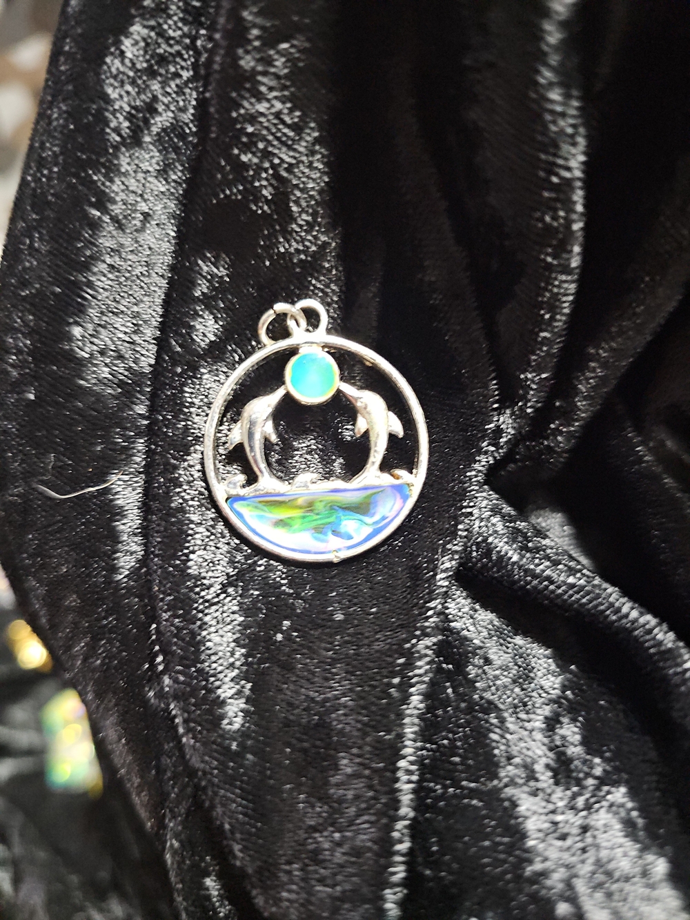 Silver Dolphin Circle Pendant with Blue-Green Stone